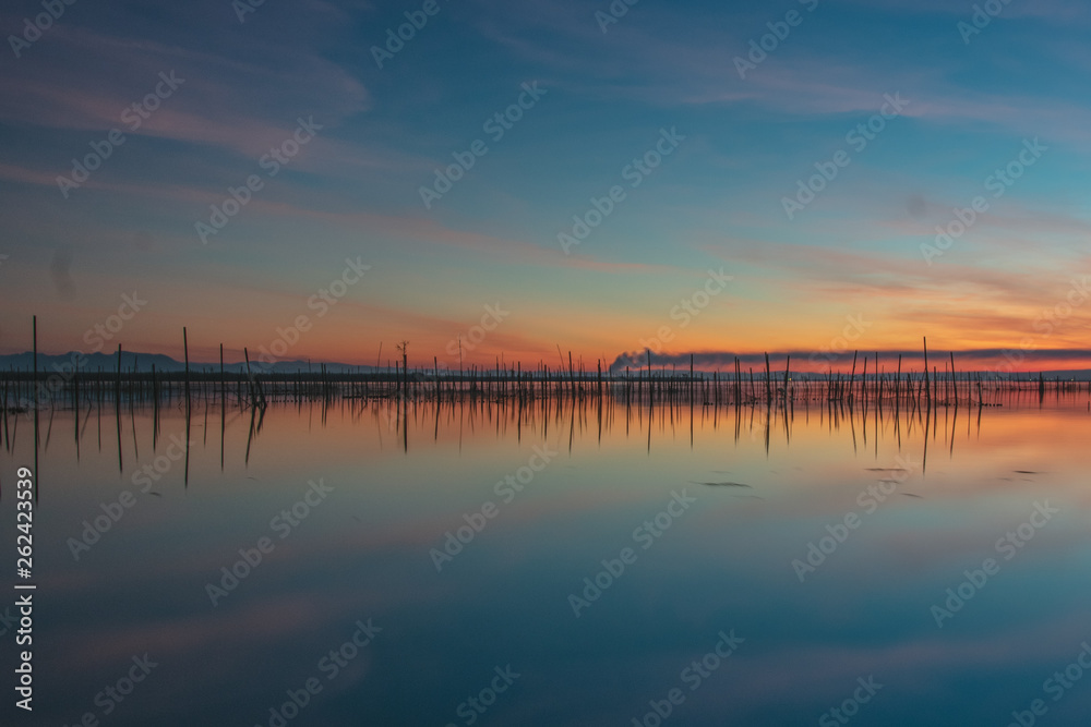 Sunset landscape views of a natural lagoon with a sunset and mountains in the background in Albufera of Valencia