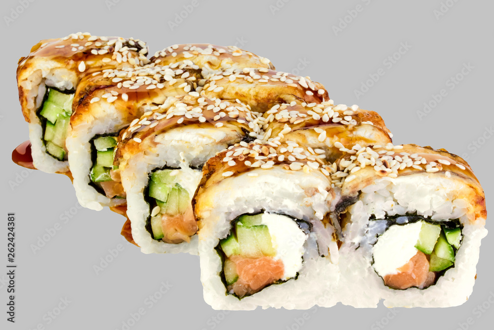 sushi roll Canada with salmon cheese eel sesame cucumber unagi sauce sushi roll Canada with salmon cheese eel sesame cucumber unagi sauce