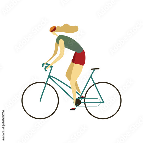 Girl in the helmet quickly rides a bicycle. Vector illustration.