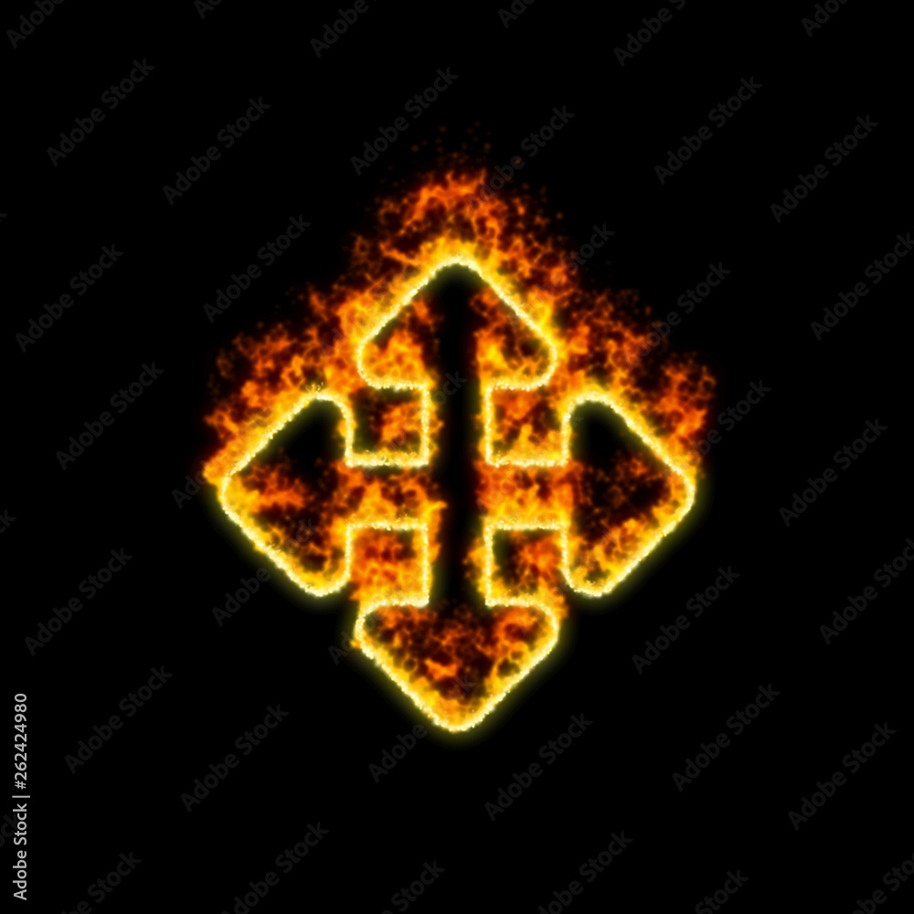 The symbol arrows up down, right left burns in red fire The symbol arrows up down, right left burns in red fire
