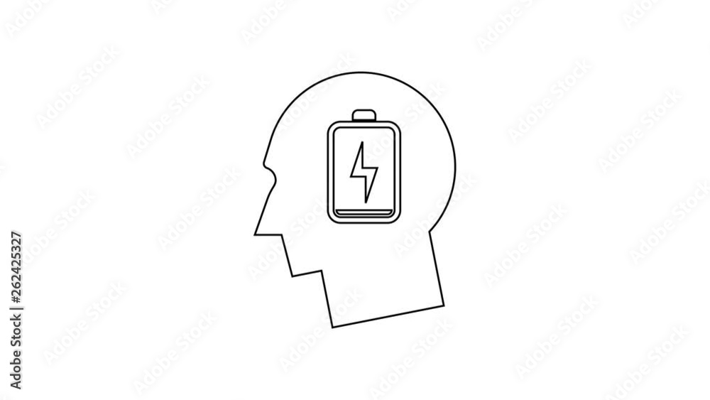 Grey Male head with low battery line icon on white background. Tired man. 4K Video motion graphic animation Grey Male head with low battery line icon on white background. Tired man. 4K Video motion graphic animation