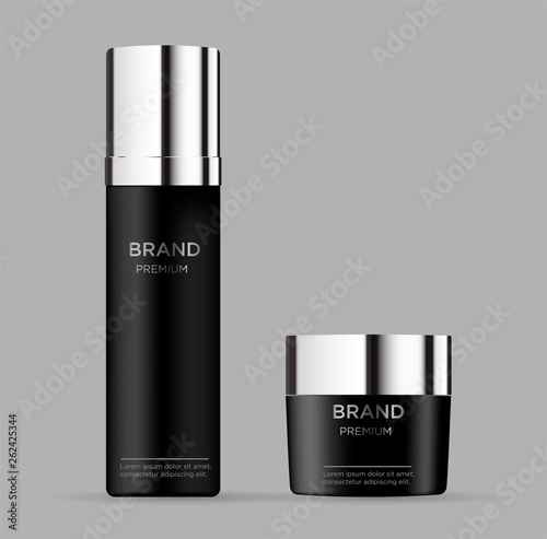 Blank cosmetic package isolated on gray background.  Tube for foam hear styling, hair spray, deodorant, creme.  Mockup vector illustration.
