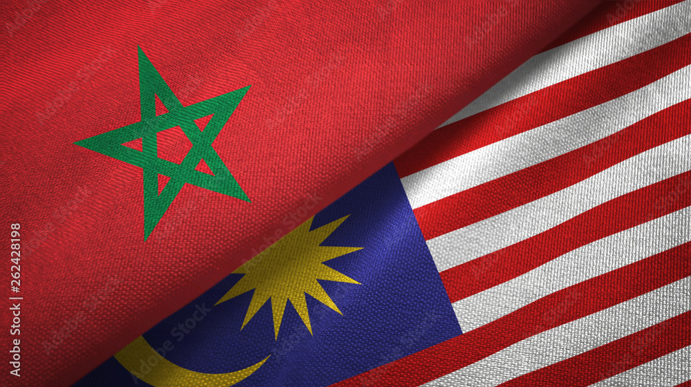 Fototapeta premium Morocco and Malaysia two flags textile cloth, fabric texture