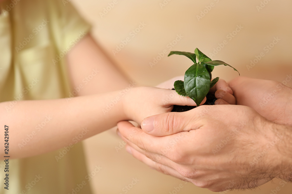 Man and child with young plant on blurred background