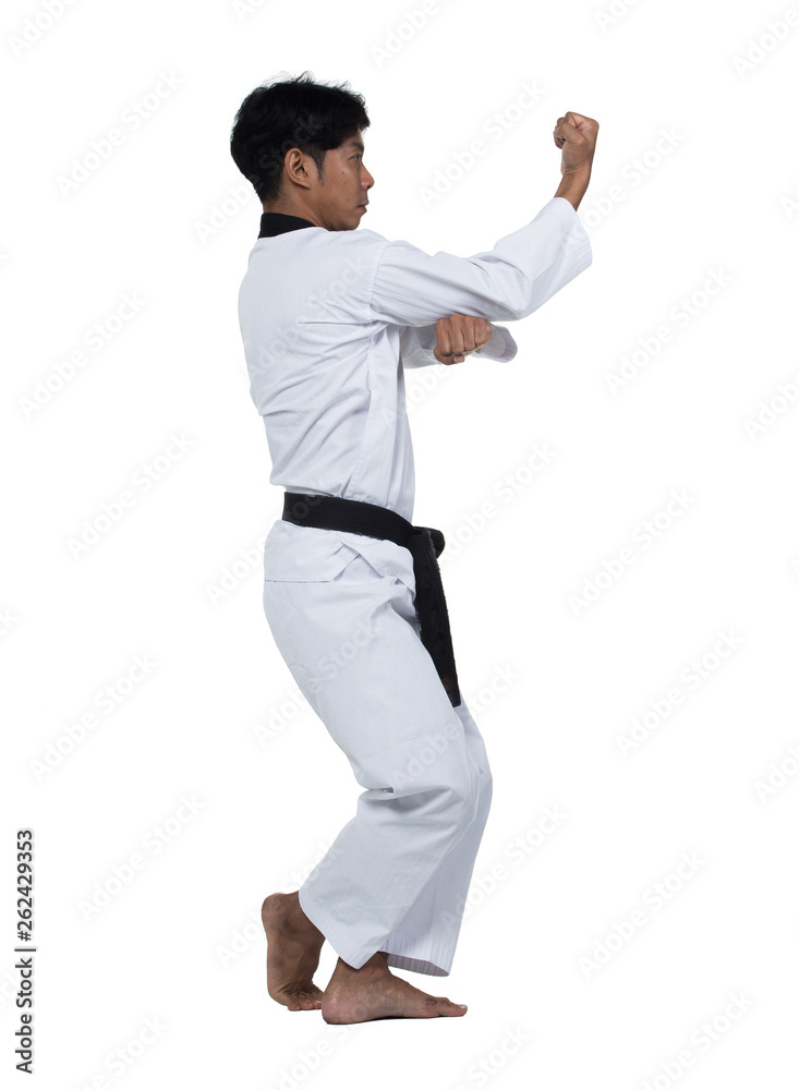 Master Black Belt TaeKwonDo handsome man instructor Teacher fighter show hit pose, studio lighting white background isolated. White formal fighting suit, motion blur hand foots on taekwondo post. Master Black Belt TaeKwonDo handsome man instructor Teacher fighter show hit pose, studio lighting white background isolated. White formal fighting suit, motion blur hand foots on taekwondo post.