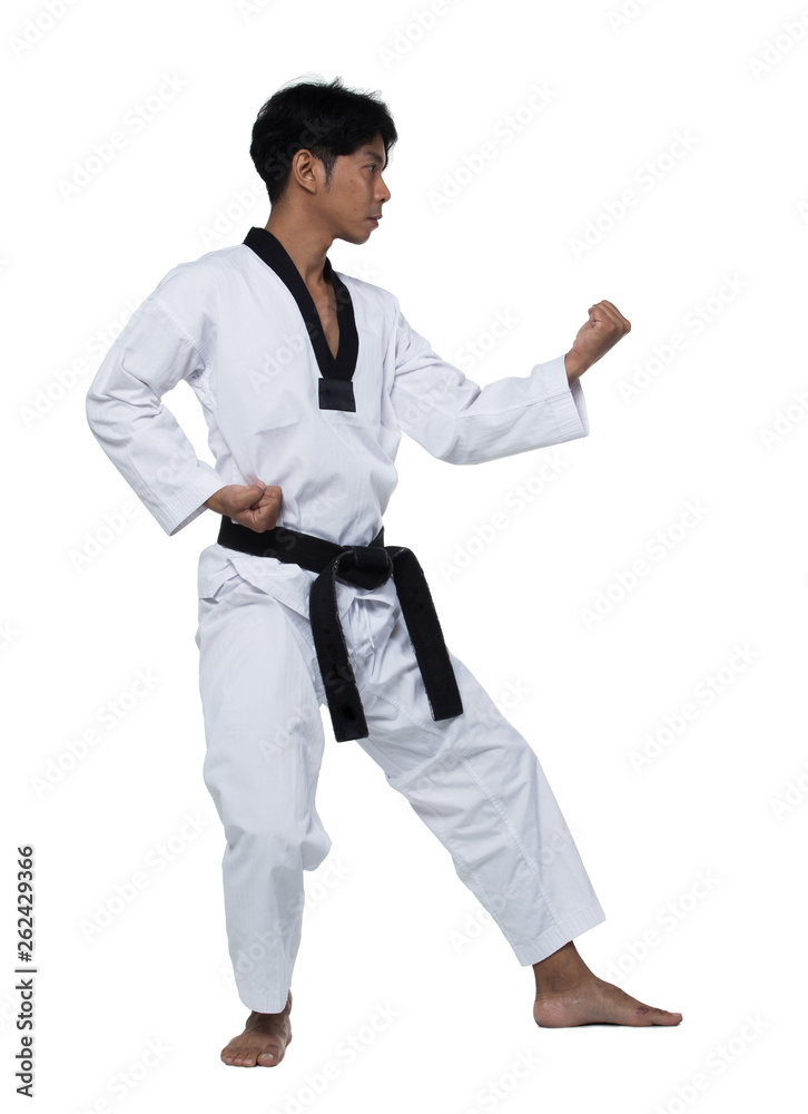 Master Black Belt TaeKwonDo handsome man instructor Teacher fighter show hit pose, studio lighting white background isolated. White formal fighting suit, motion blur hand foots on taekwondo post. Master Black Belt TaeKwonDo handsome man instructor Teacher fighter show hit pose, studio lighting white background isolated. White formal fighting suit, motion blur hand foots on taekwondo post.