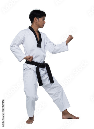 Master Black Belt TaeKwonDo handsome man instructor Teacher fighter show hit pose, studio lighting white background isolated. White formal fighting suit, motion blur hand foots on taekwondo post.
