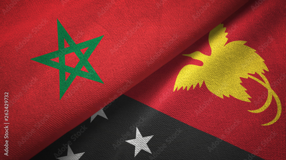 Morocco and Papua New Guinea two flags textile cloth, fabric texture Morocco and Papua New Guinea two flags textile cloth, fabric texture