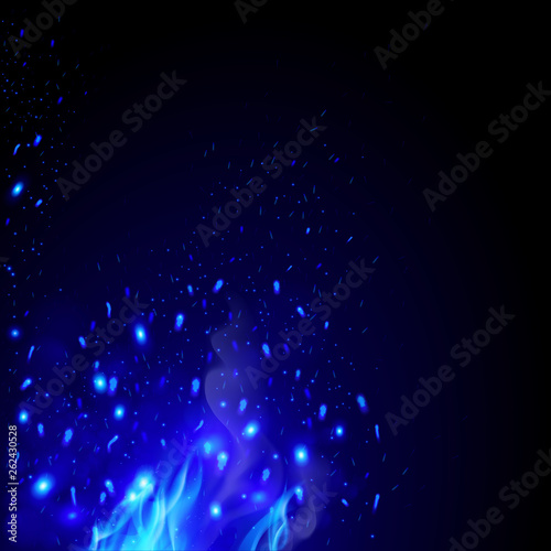 Flying Fiery Sparks with Blue Fire. Burning Fire Flames Elements for Design. Glowing particles