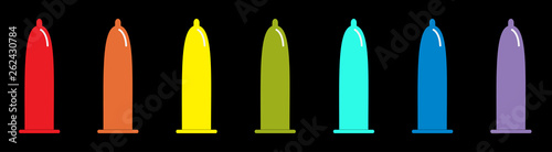 Condom rainbow icon set line. Protection. Flat design. Black background. Isolated.