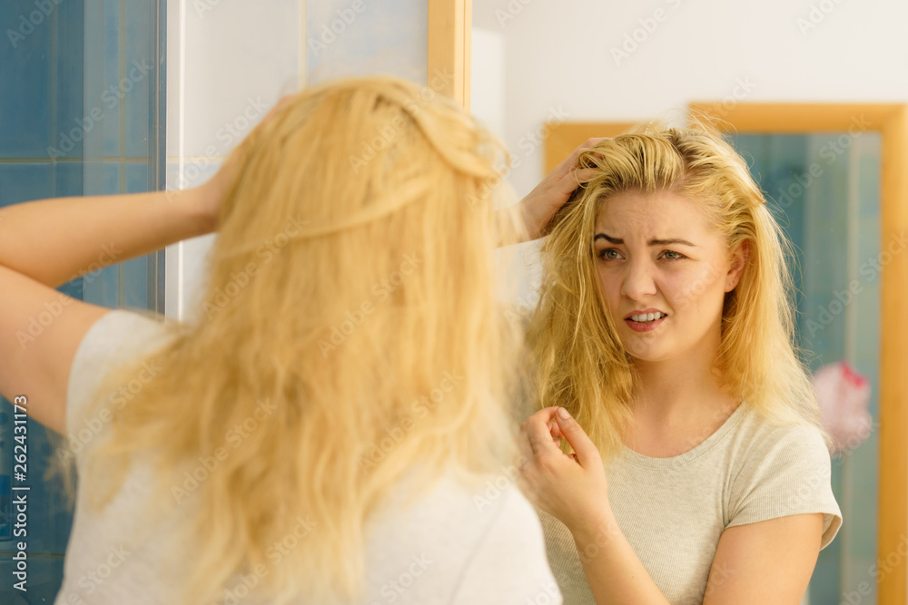 Fototapeta premium Female having problem with blonde hair