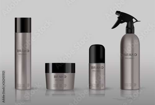 Blank cosmetic package metal mockup isolated on grey background.  Metal tube for foam hear styling, hair spray, deodorant, creme.  Mock up vector illustration.