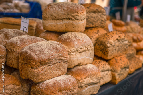 Fresh Baked Bread For Sale at a Stall at a Farmers Market in England