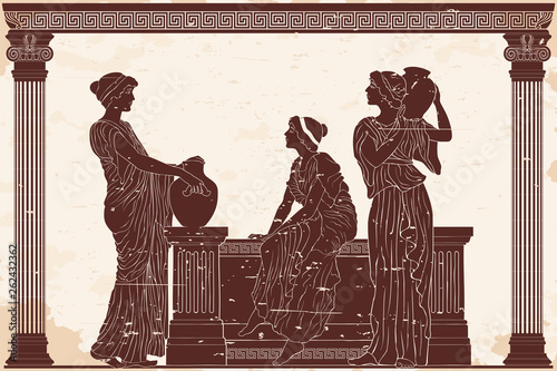 Three ancient Greek women are talking near the parapet with jugs. Antique fresco on a beige background with an aging effect.