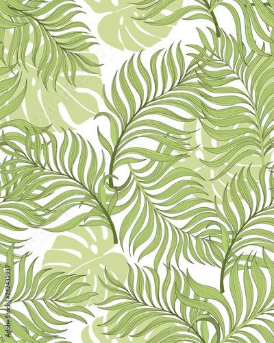 Tropical vector seamless background. Jungle pattern with monstera palm leaves. Stock vector.