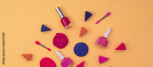 Banner makeup of women's accessories is the purse Red heart on yellow background concept of Valentine's day