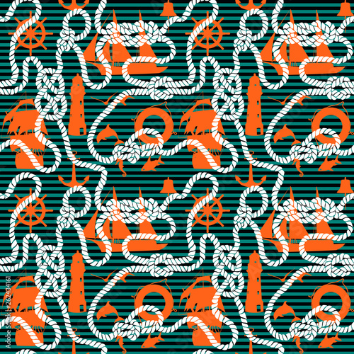 Sea knots and silhouettes. Seamless pattern.