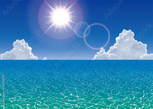 真夏の海　太陽と入道雲