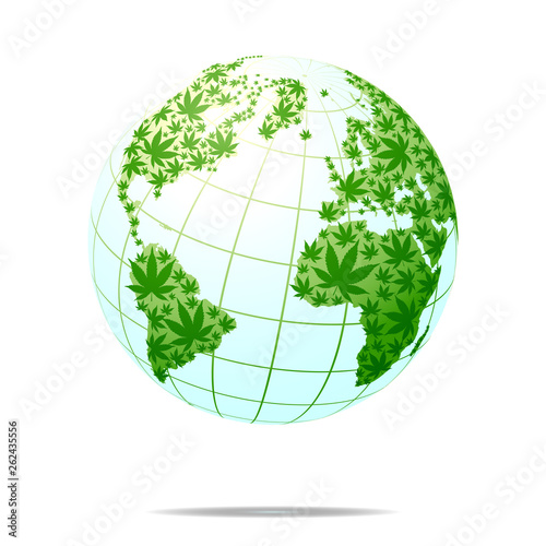 Cannabis world map composition of marijuana leaves.