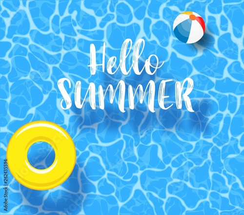 Water pool summer background with yellow pool float ring. Colorful vector poster template for summer holiday. Hello summer web banner. Vector illustration in flat style