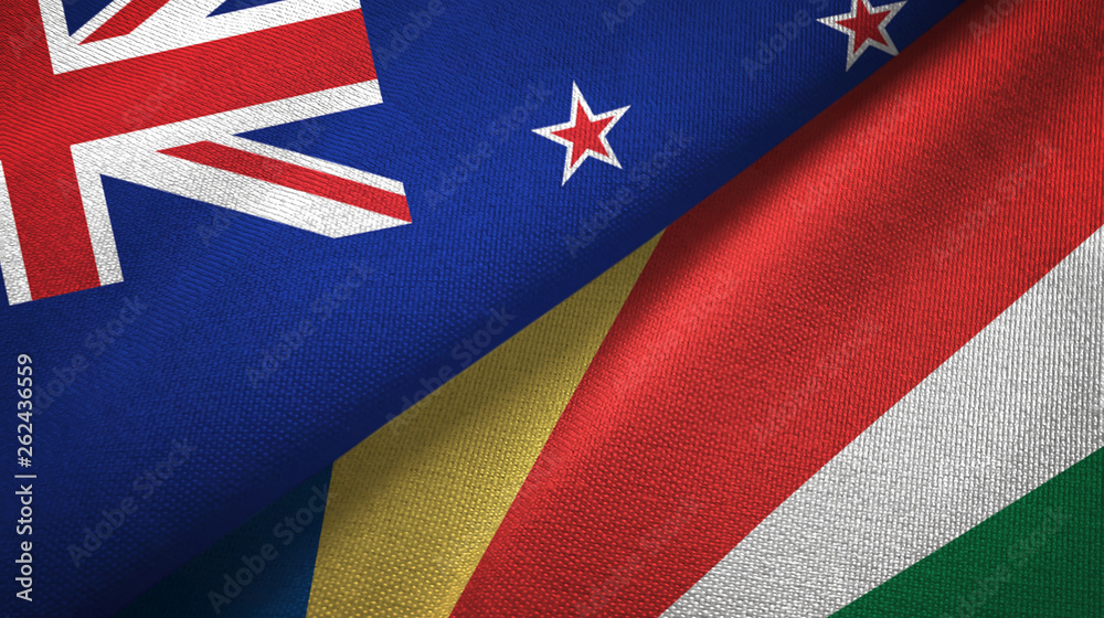 New Zealand and Seychelles two flags textile cloth, fabric texture