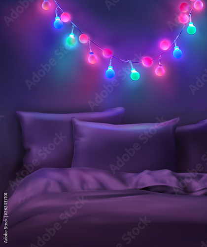 Colored garland at bedroom