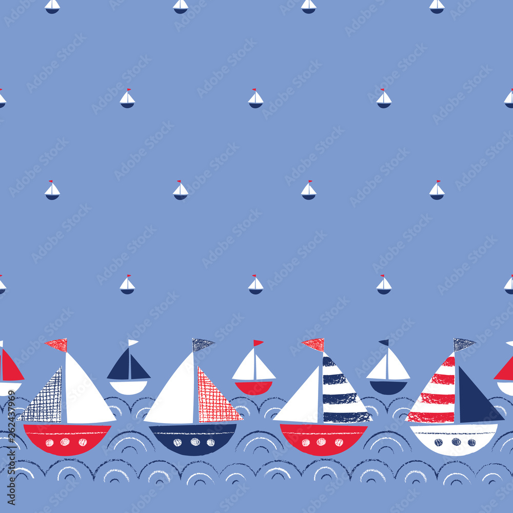 Whimsical Hand-Drawn Ships in the Sea Vector Seamless Border and Pattern. Cute Nautical Marine Background. Crayons Whimsical Hand-Drawn Ships in the Sea Vector Seamless Border and Pattern. Cute Nautical Marine Background. Crayons