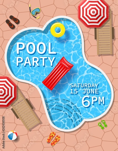 Pool party invitation with top view of pool. Flyer of pool party. Vector poster for party. Vector illustration in flat style