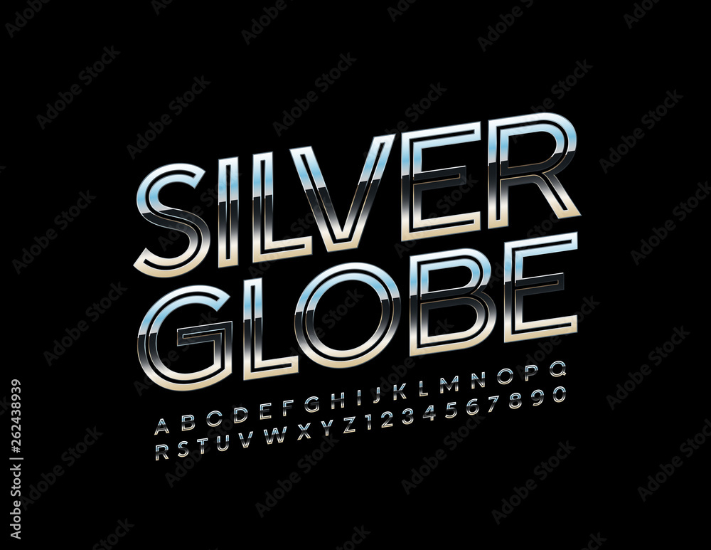 Vector stylish logo Silver Globe with reflective Font. Uppercase metallic Alphabet Letters and Numbers