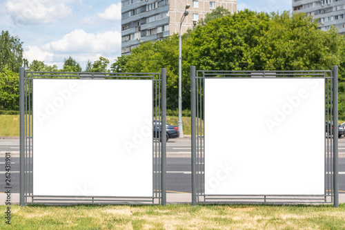 Modern empty blank advertising billboards banners in a city outdoors. Mockup for your advertising project.