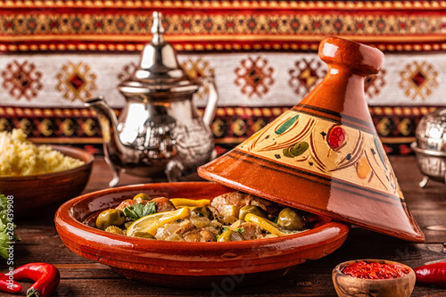 Traditional Moroccan chicken tagine with olives and salted lemons