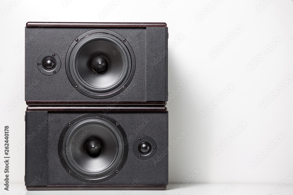 Black music speakers. Speaker range. On white background. Black music speakers. Speaker range. On white background.