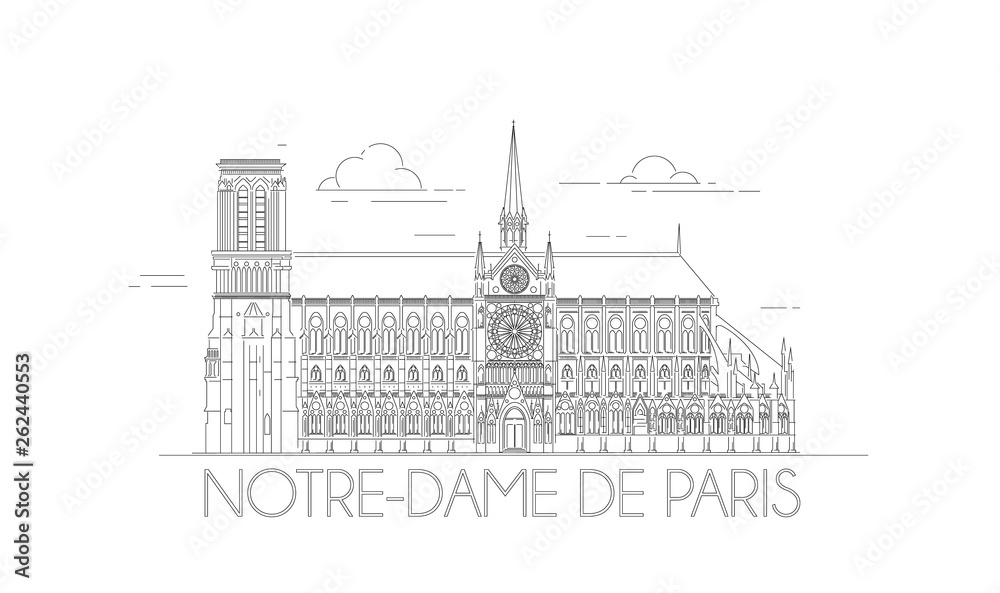 Minimalistic line-art of the Notre-Dame in Paris, France. Outline Notre Dame