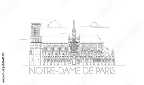 Minimalistic line-art of the Notre-Dame in Paris, France. Outline Notre Dame