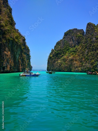 Thailand , Phuket, view from the beach to the Islands and the sea with boats , first person view