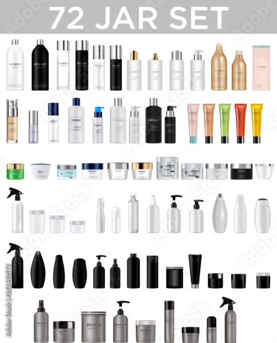 Obraz   Set vector blank templates of empty and clean multicolor plastic and glass containers:  bottles with spray, dispenser and dropper, cream jar, tube.  Realistic 3d mockup of cosmetic package. Vector i