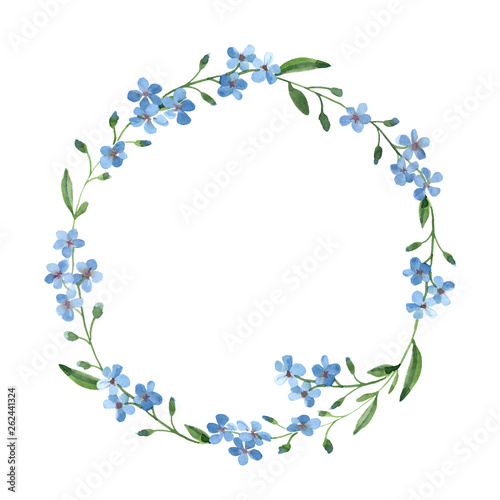 watercolor blue wreath of forget-me-not with green leaves on white background photo