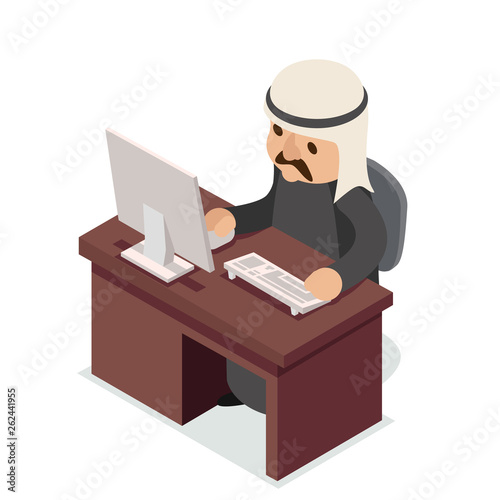 Office work table PC arab businessman traditional national ethnic muslim clothes isometric isolated character flat design vector illustration