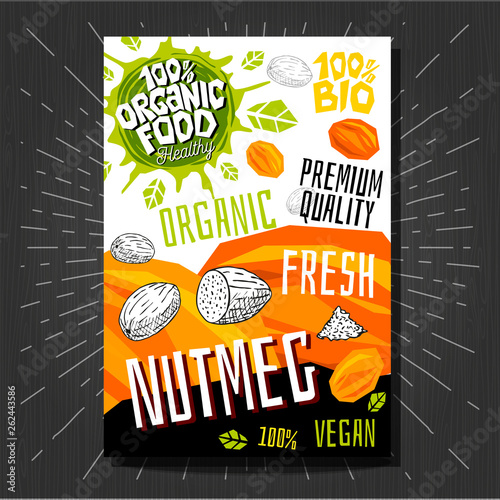Food labels stickers set colorful sketch style fruits, spices vegetables package design. Nutmeg, nuts. Vegetable label. Organic, fresh, bio, eco. Hand drawn vector illustration.