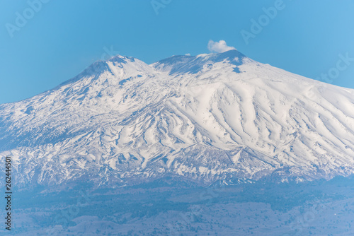 View of Snow Capped Mt. Etna at Sunset from Sicily, Italy