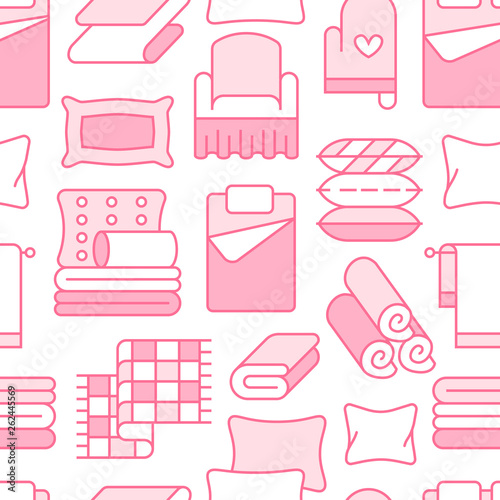 Home textiles seamless pattern with flat line icons. Bedding, bedroom linen, pillows, sheets set, blanket and duvet thin linear illustrations. Pink white background for interior store