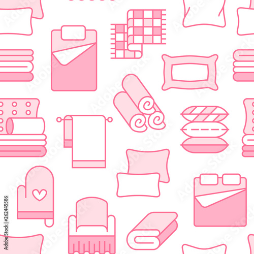 Home textiles seamless pattern with flat line icons. Bedding, bedroom linen, pillows, sheets set, blanket and duvet thin linear illustrations. Pink white background for interior store