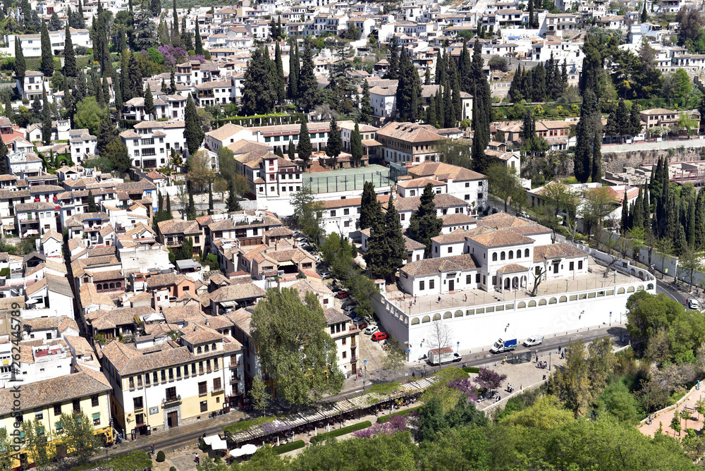 Aerial view of the city of Granada, Albaycin , viewed from the Alhambra palace in Granada, Spain