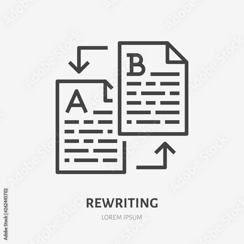 Text rewriting flat line icon. Translation, illustration of article spellchecking. Thin sign of documents editing, copywriter logo photo