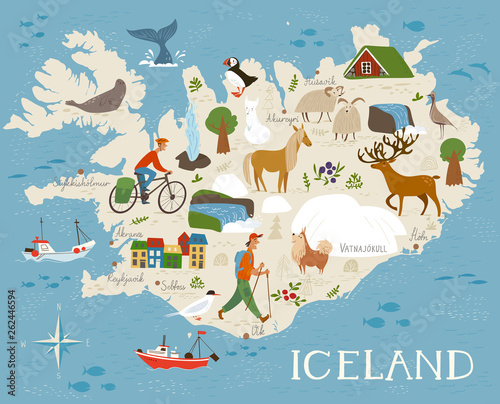 Fotografie, Obraz Vector high detailed vector map of Iceland with animals and landscapes