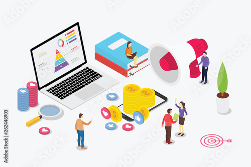 isometric digital marketing team with business people and laptop with some money and social media icon - vector