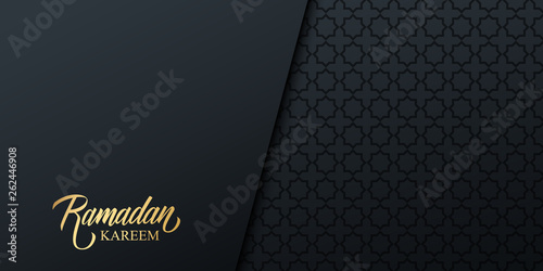 Ramadan holiday banner with gold handwritten inscription Ramadan Kareem and black arabic pattern. Vector illustration