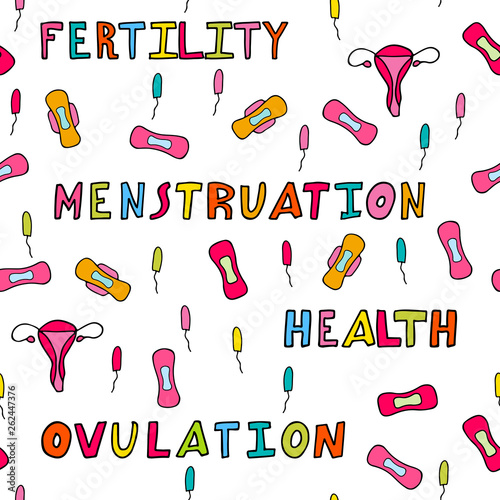 Hand drawn seamless pattern. Feminine hygiene products for menstruation, bleeding period. Sanitary pads, tampons and menstrual cups for personal sanitation. Woman critical days, ovulation and health.