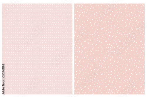 Simple Abstract Geometric Vector Pattern. Hand Drawn Irregular Repeatable Design. White Brush Dots on a Various Light Pink Background. Pastel Color Infantile Style Layouts.Baby Girl Party Decoration. 