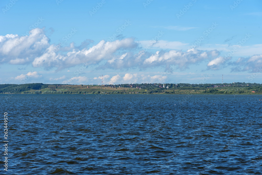 Summer view of Lake Pleshcheyevo, sunny summer day. Blue sky. Pereslavl-Zalessky, Yaroslavl region, Russia.